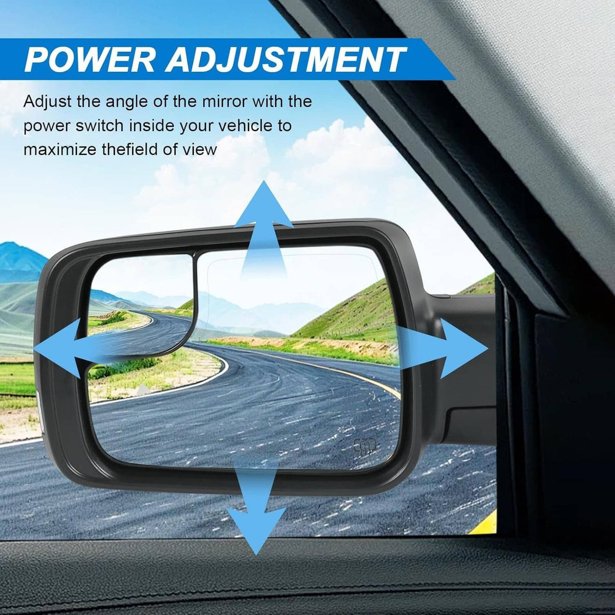 Left driver side power adjustment mirror with clear glass, black housing shown in car interior