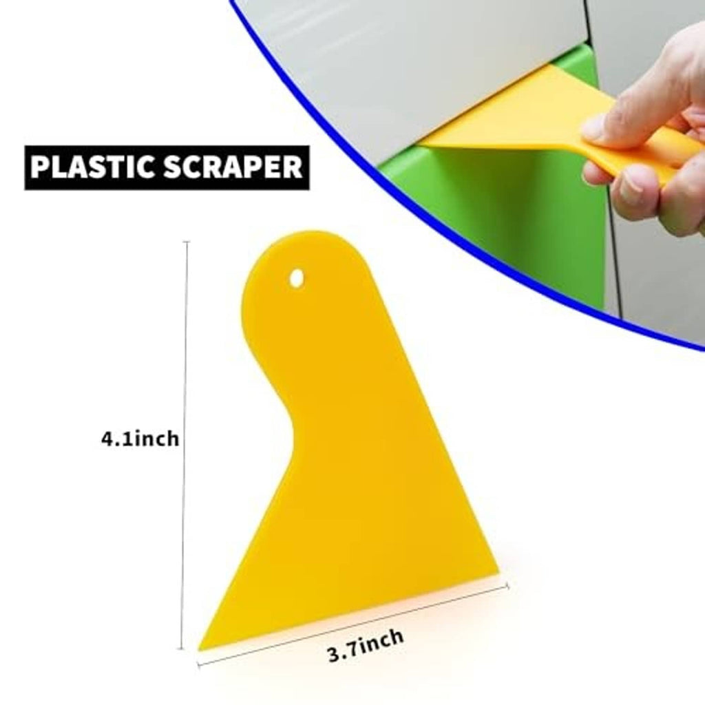 Yellow plastic scraper with triangular head for scraping vinyl wrap and film