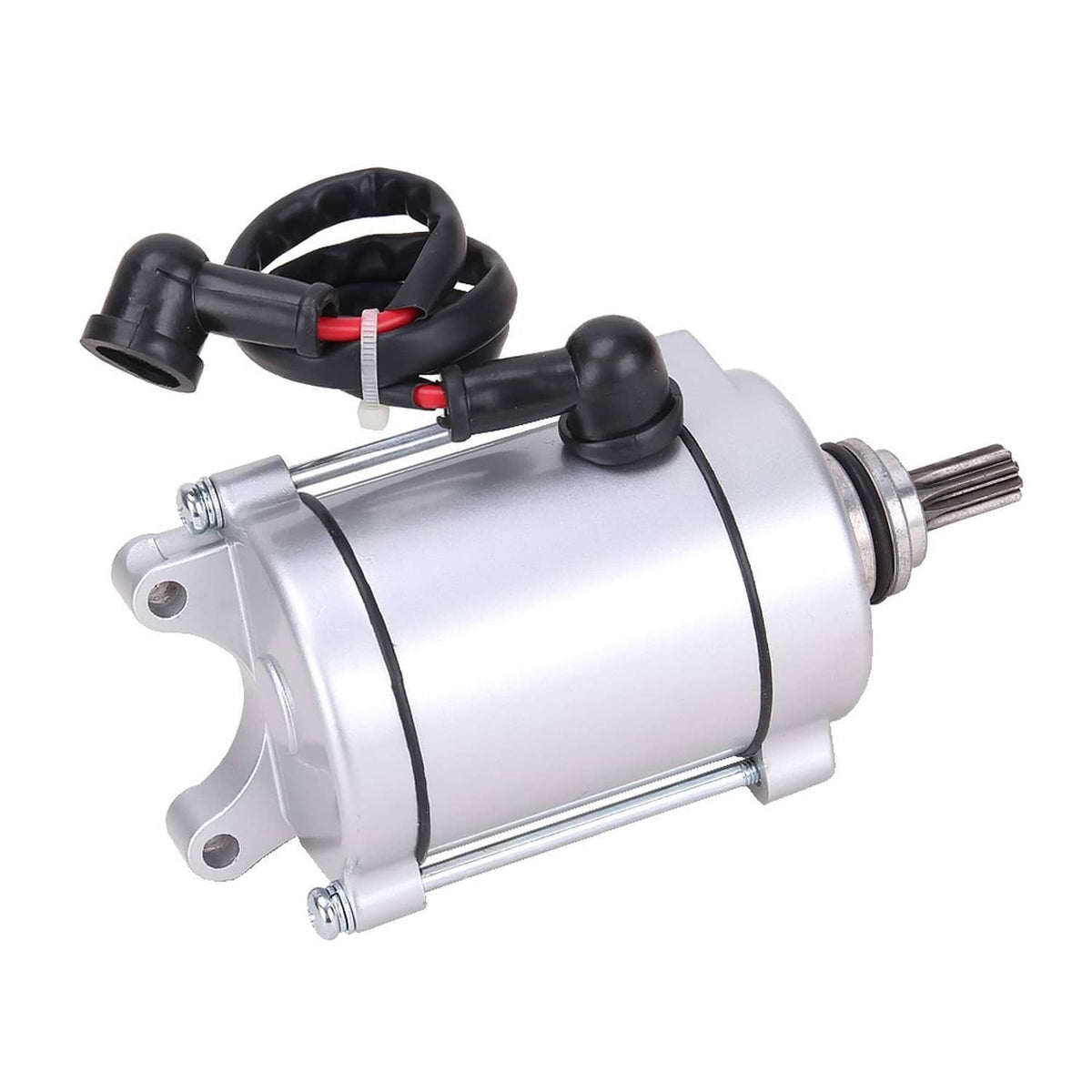 Air-cooled ATV engine starter motor with black wiring harness and mounting bracket