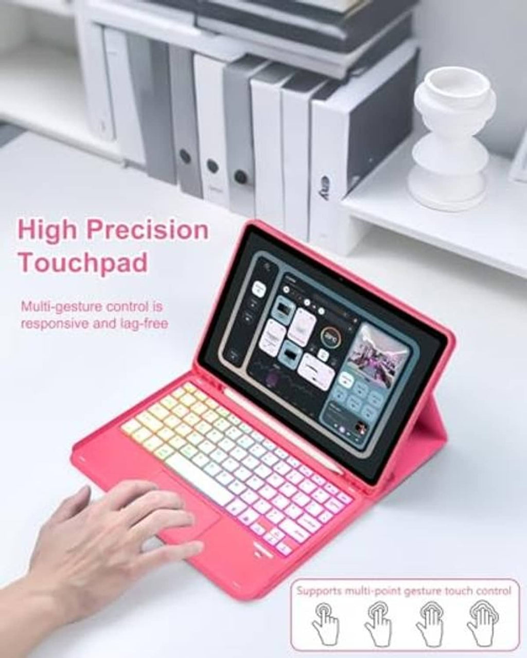 Pink keyboard case with high-precision touchpad and multi-gesture control