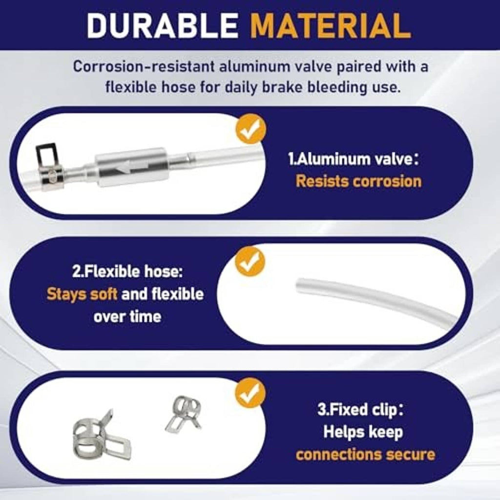 Brake bleeder hose kit with aluminum valve, flexible white hose, and fixed metal clip