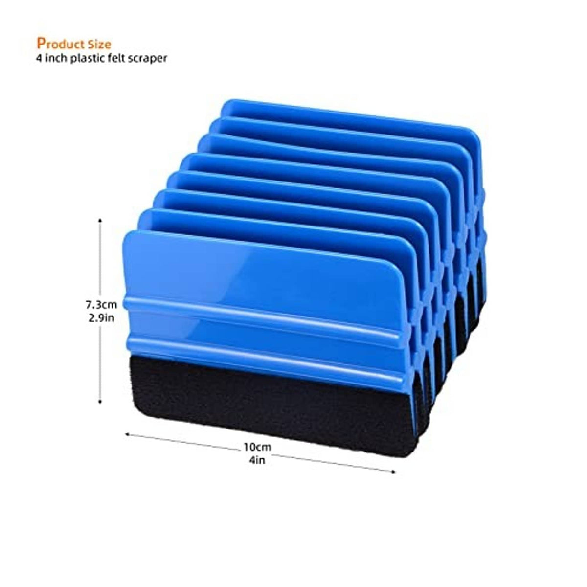 Blue vinyl squeegee set, 4 in plastic scraper with black felt pad edge; stack of 10