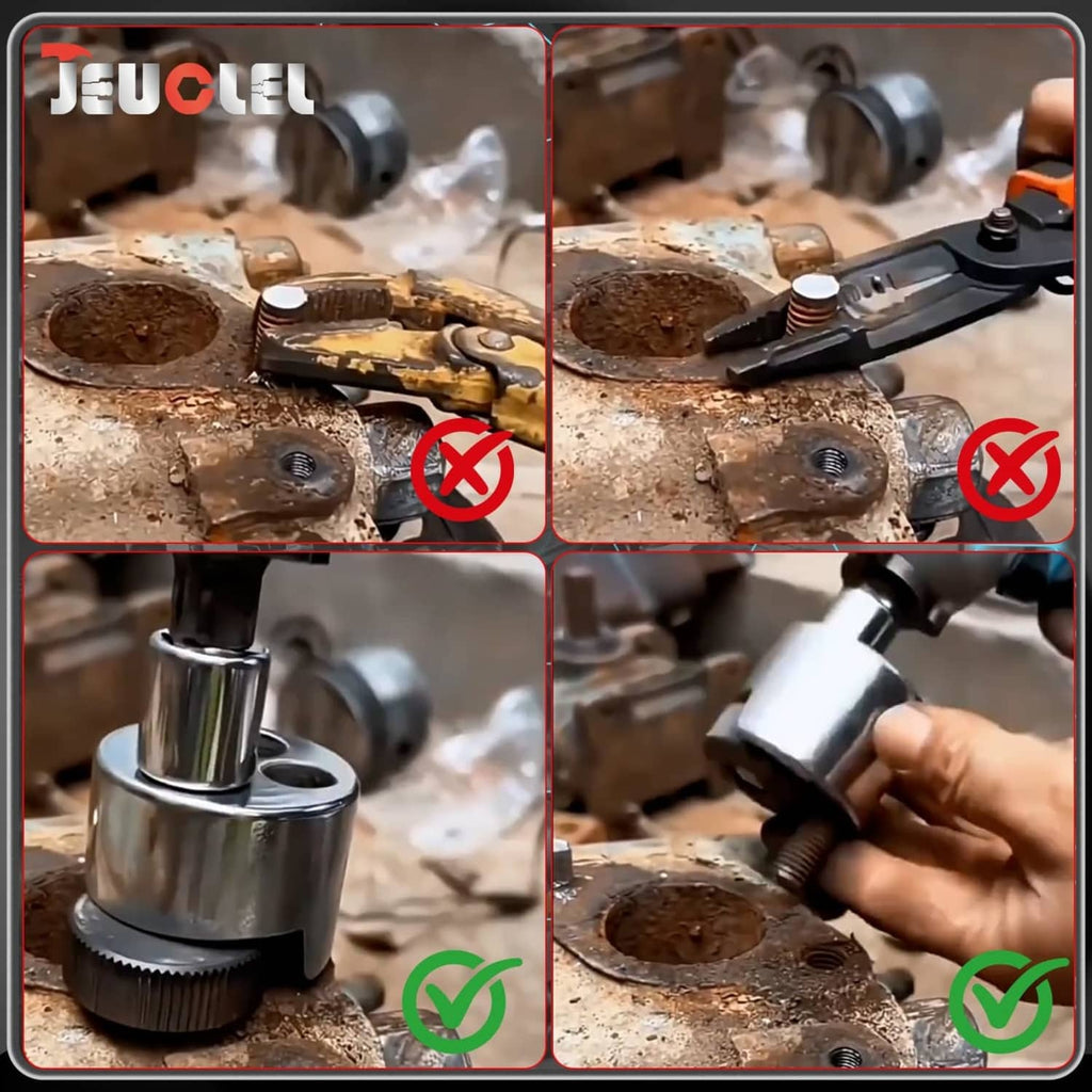 Stud remover extractor tool installing into a rusty, seized bolt on a car part