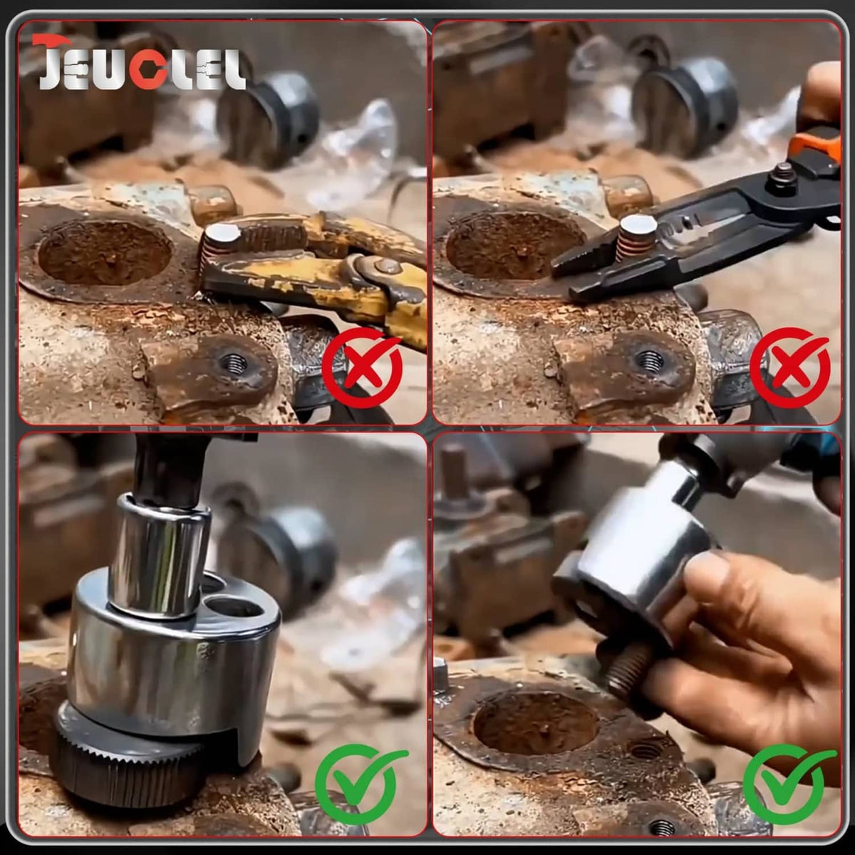 Stud remover extractor tool installing into a rusty, seized bolt on a car part