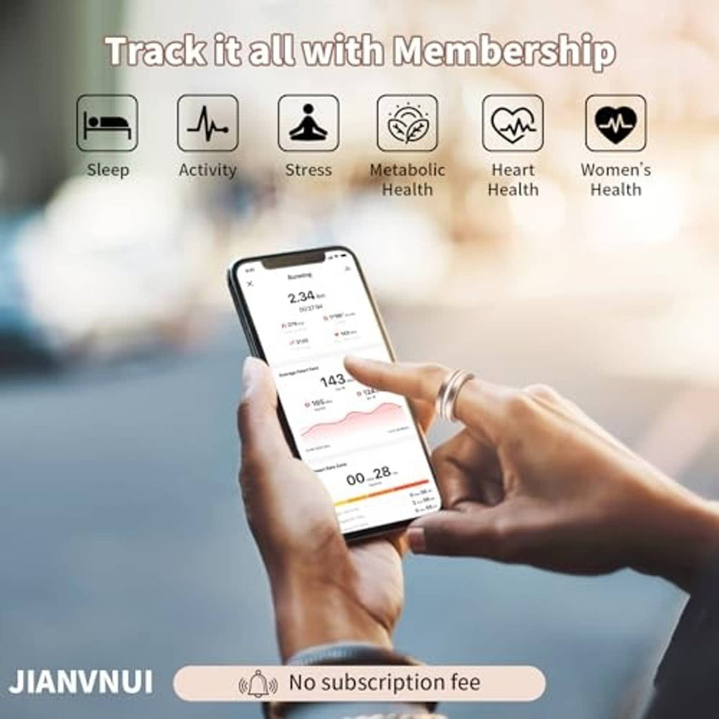 Smart ring smartphone app interface showing health categories and tracking features