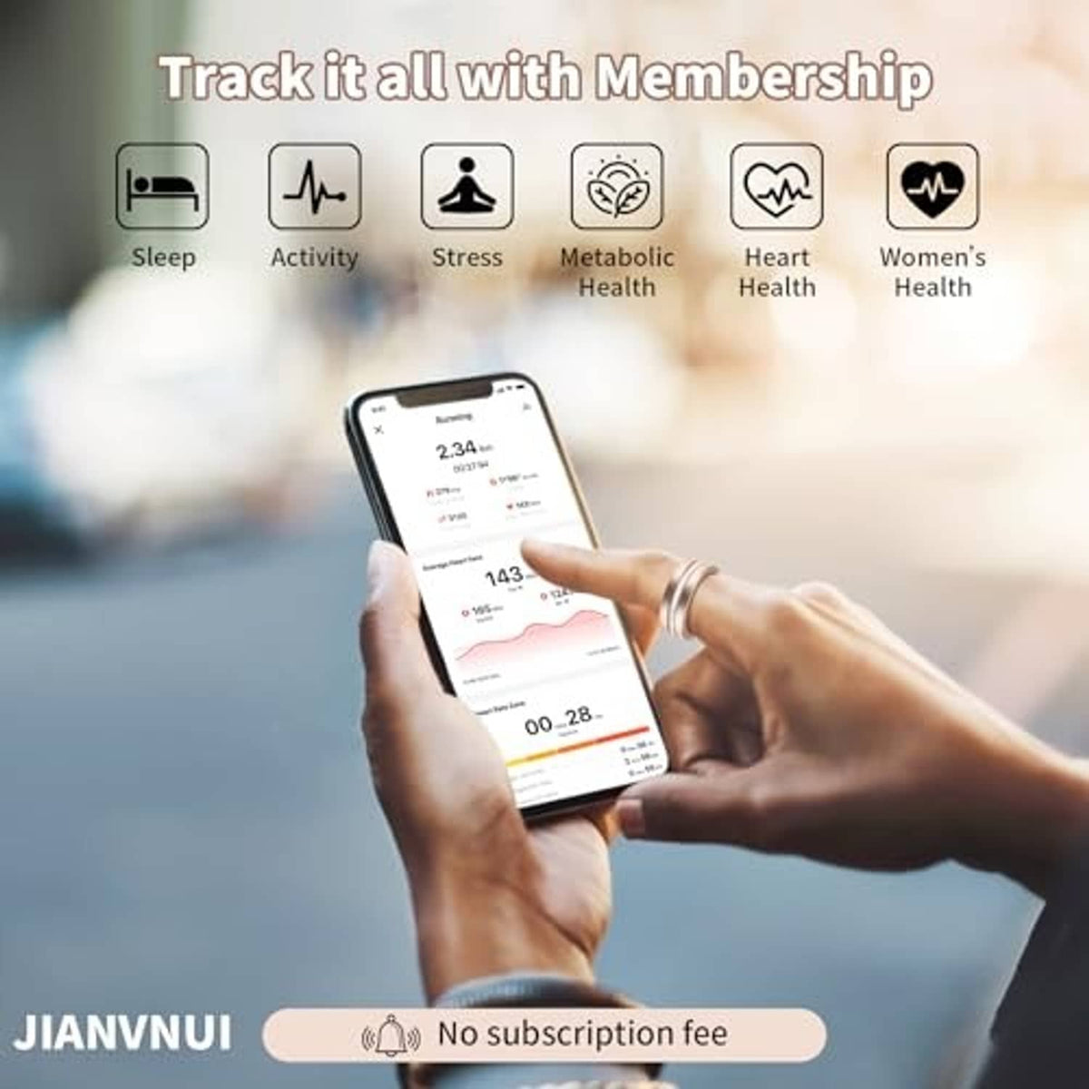 Smart ring smartphone app interface showing health categories and tracking features