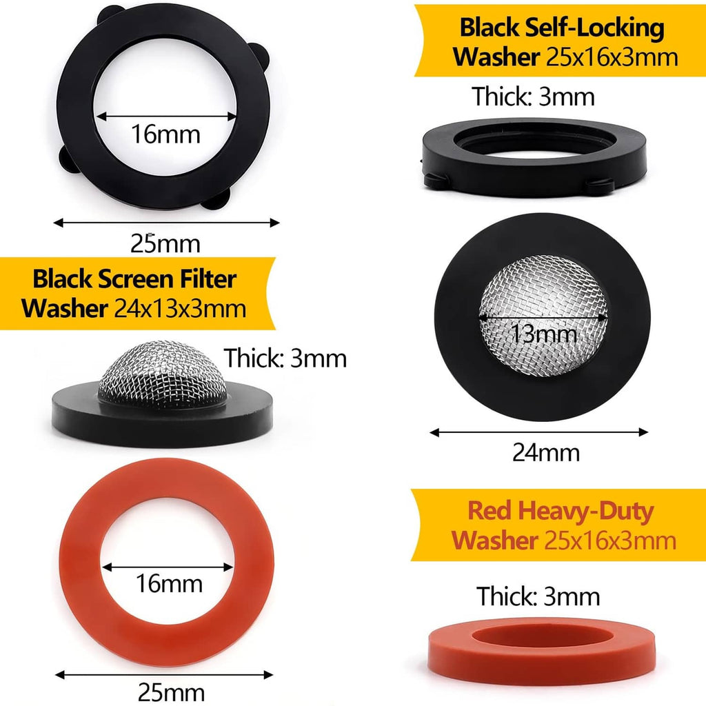 Black self-locking washer, screen filter washer, and red heavy-duty washer set