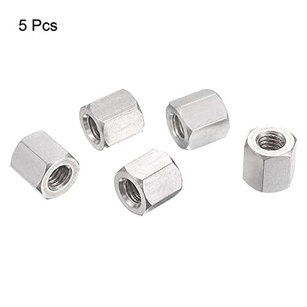 Set of 5 M6 stainless steel hex coupling nuts, internal threaded hex cylinders