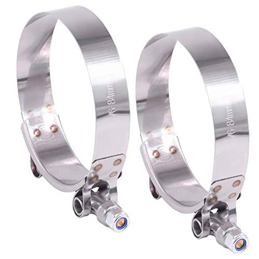 Stainless steel T-bolt hose clamp pair, 76–84mm marking, rounded metal band