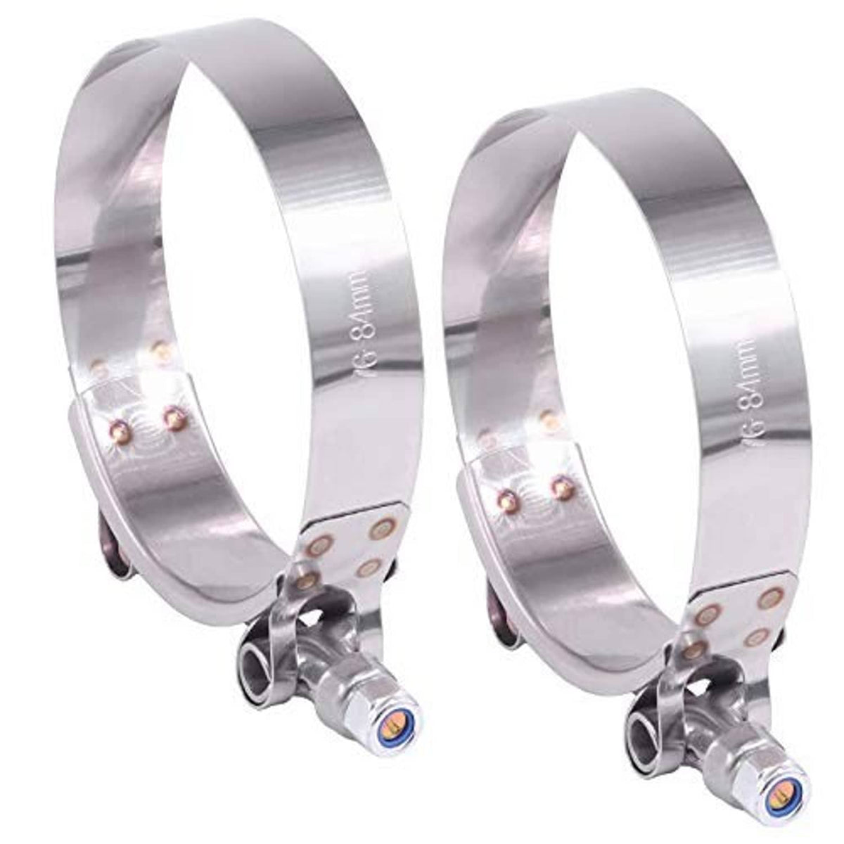 Stainless steel T-bolt hose clamp pair, 76–84mm marking, rounded metal band