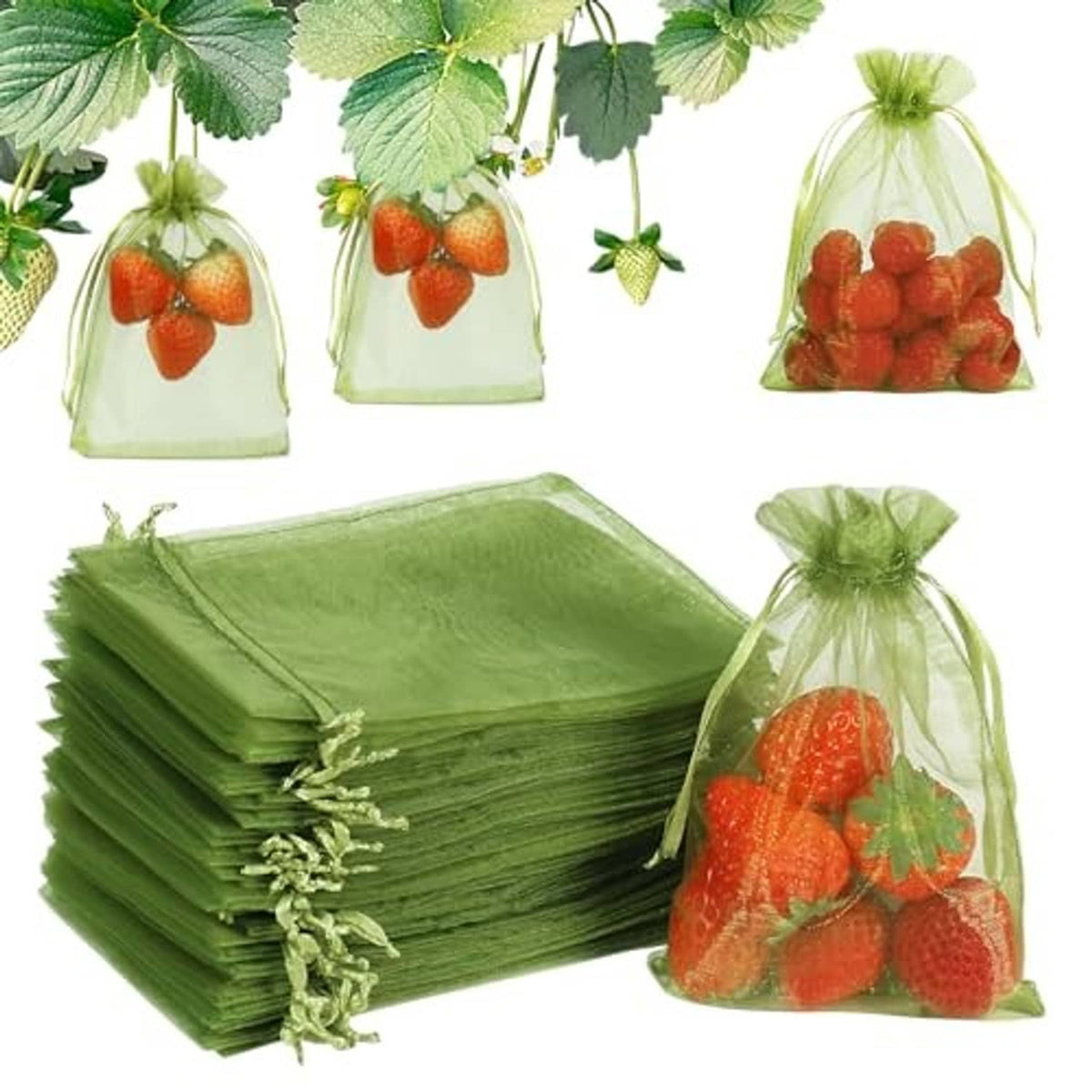 Stack of green mesh drawstring fruit bags with strawberry and berry produce inside