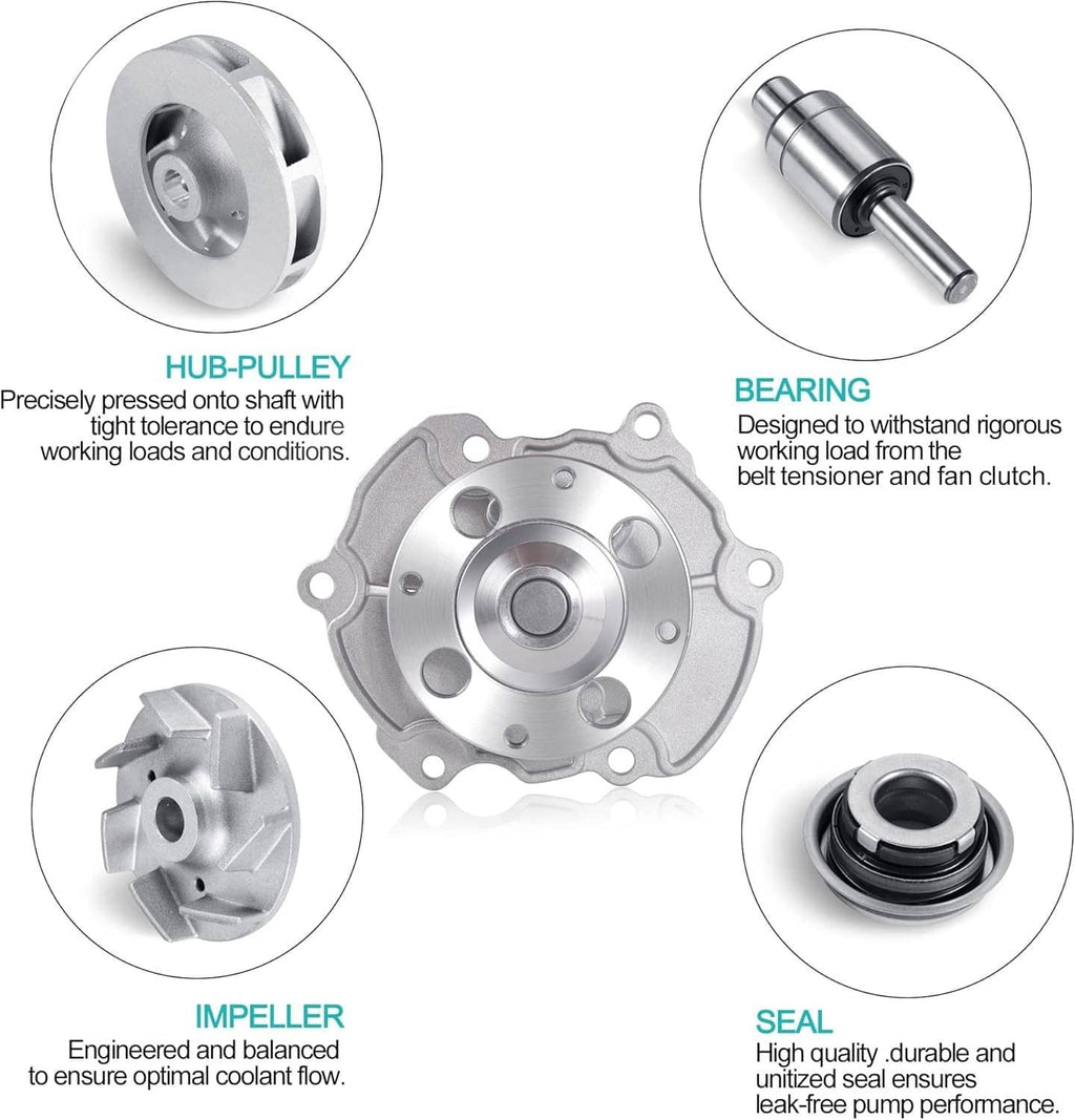 Water pump assembly diagram: hub pulley, bearing, impeller and seal