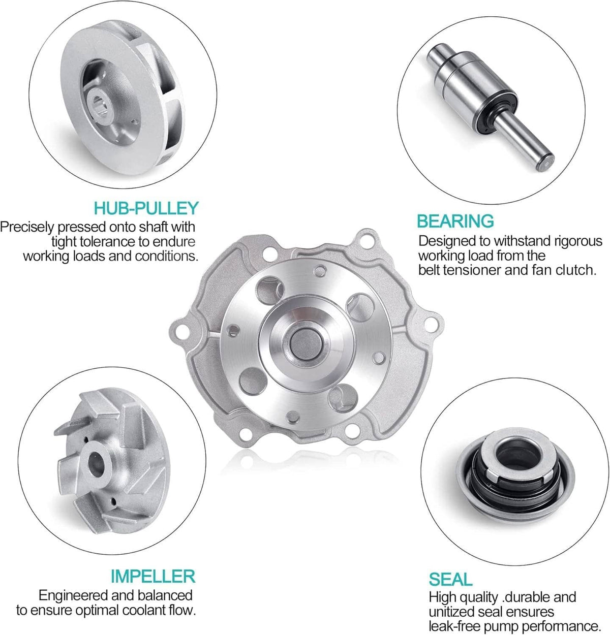 Water pump assembly diagram: hub pulley, bearing, impeller and seal