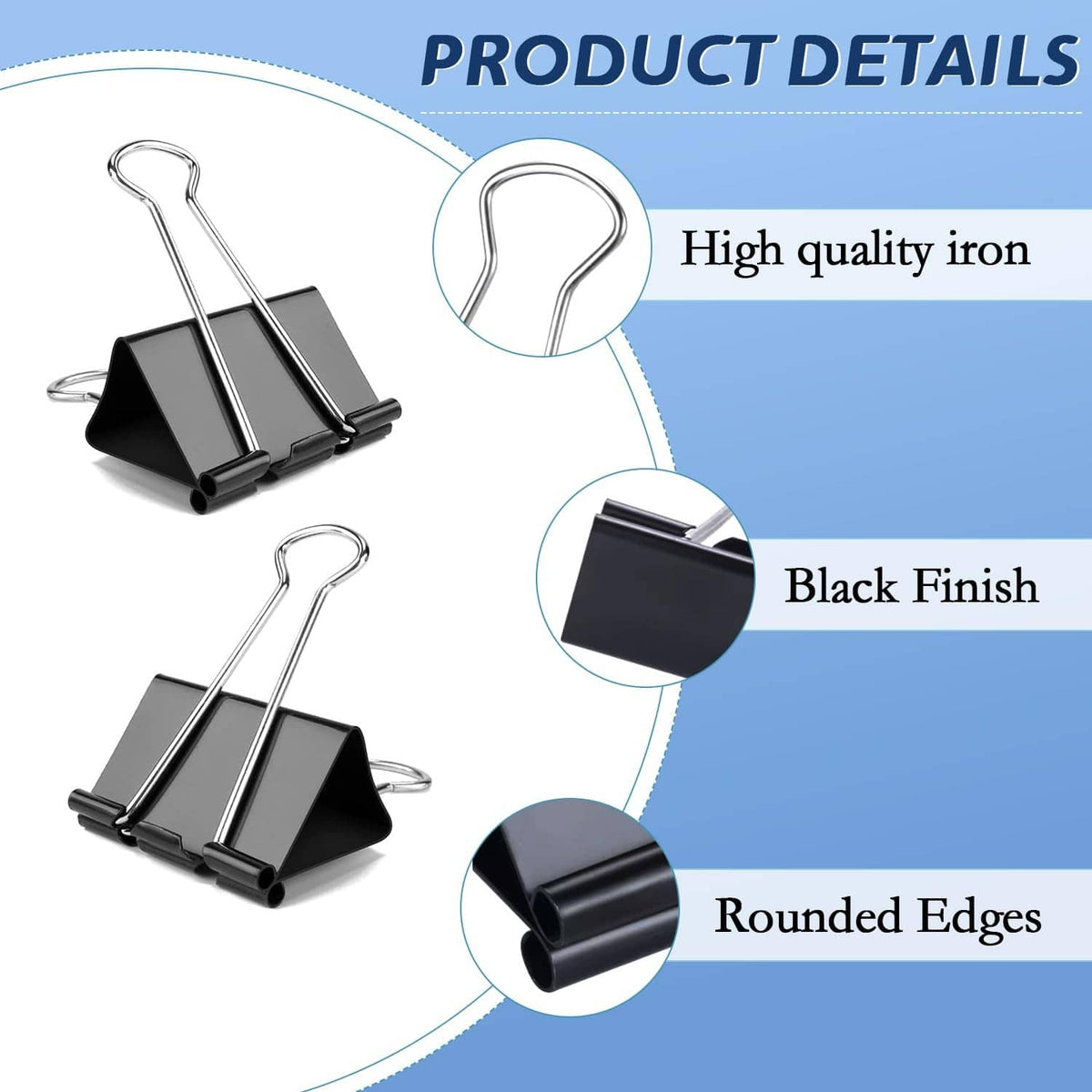 Black binder clip with rounded clamp edges and silver metal handle, product detail