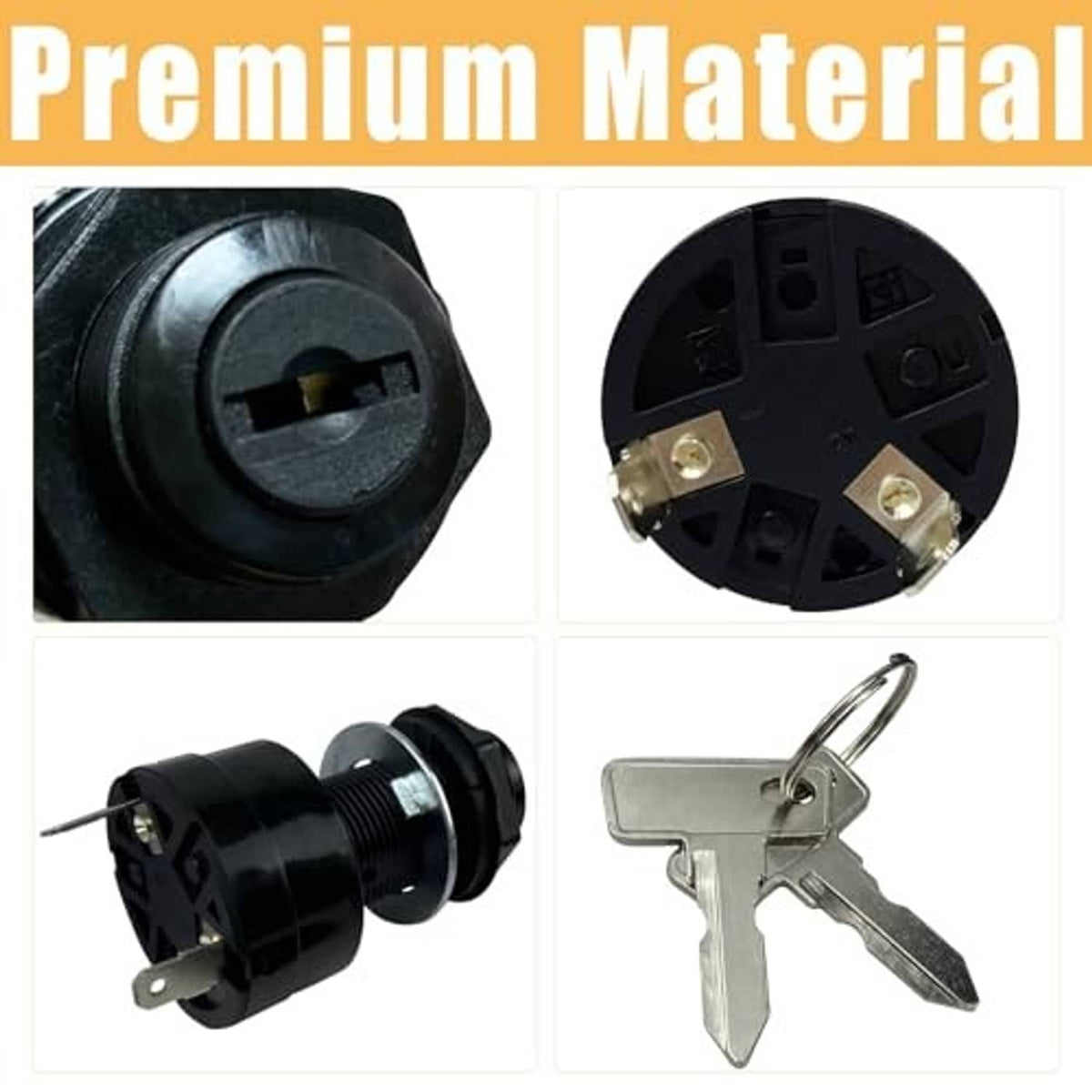 Close-up of black ignition key switch with metal contacts and two keys