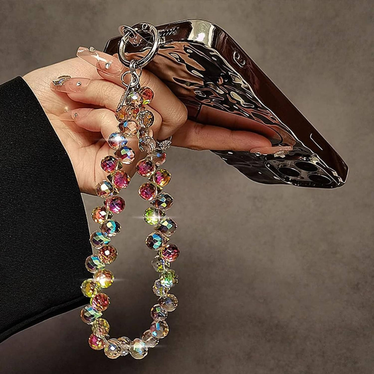 Crystal beaded phone wrist strap with multicolor iridescent beads and silver-tone clasp