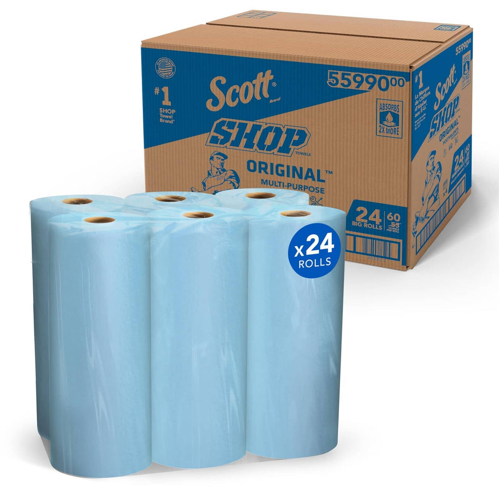 Blue shop towel rolls with Scott Original multi-purpose packaging, 24 rolls pack.