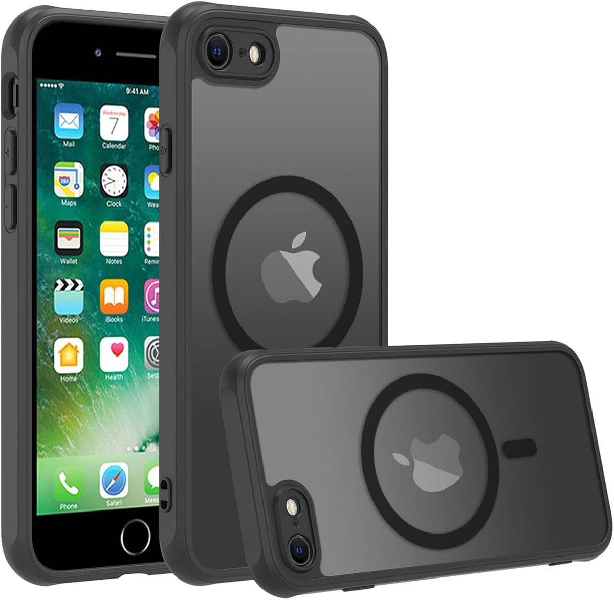 Set of translucent matte dark iPhone cases with MagSafe ring and dual camera openings