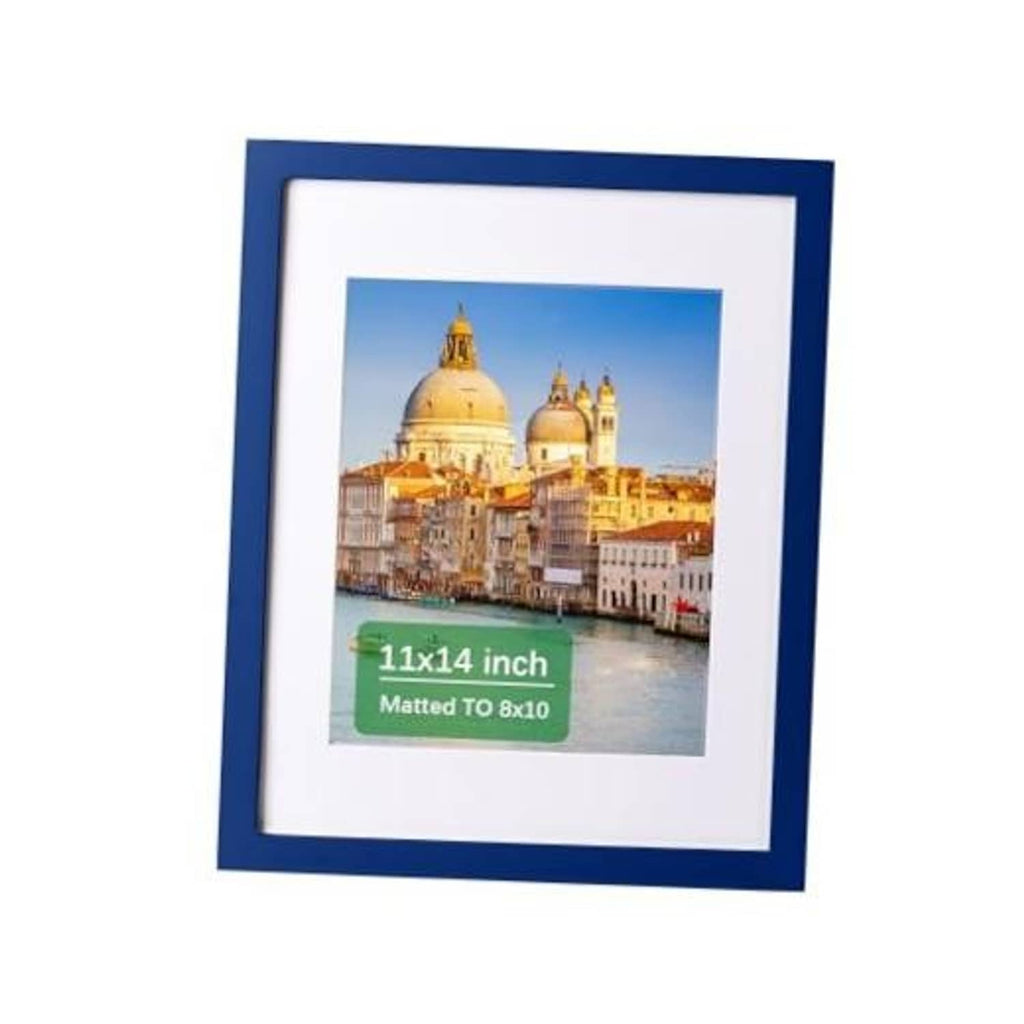 Dark blue solid wood 11x14 picture frame with white mat and landscape photo