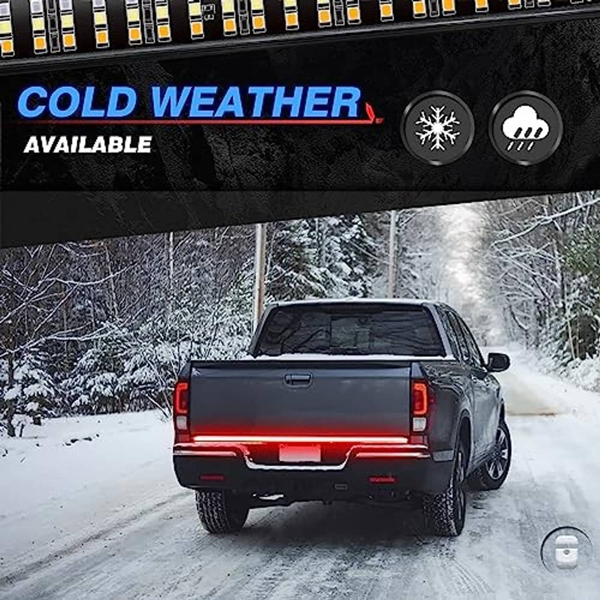 Glowing red tailgate LED strip on pickup in snowy outdoor conditions