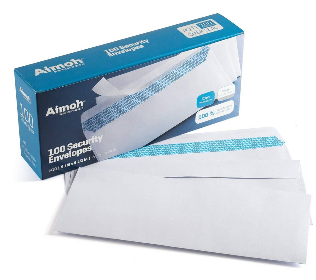 Stacked white #10 security envelopes with blue security band on flap, no window