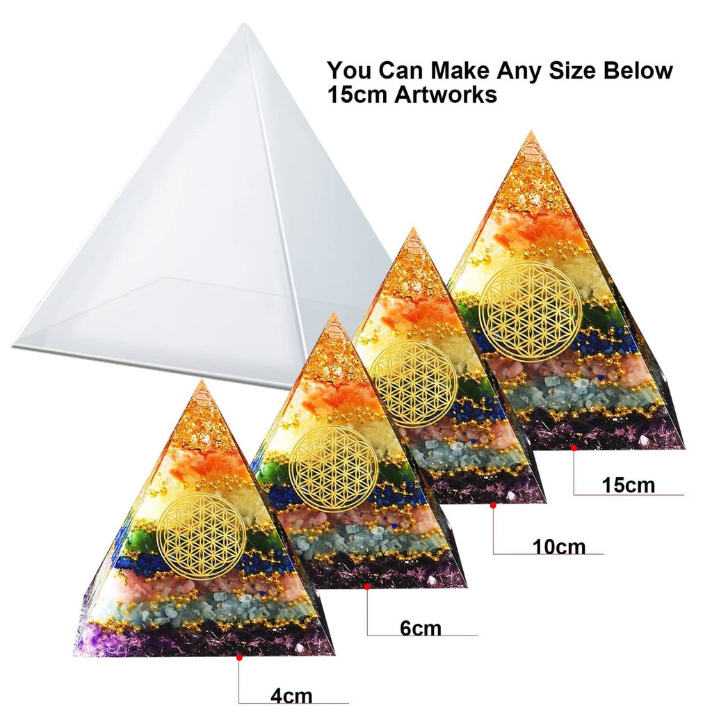 Transparent pyramid silicone mold with size labels, open faceted triangular form