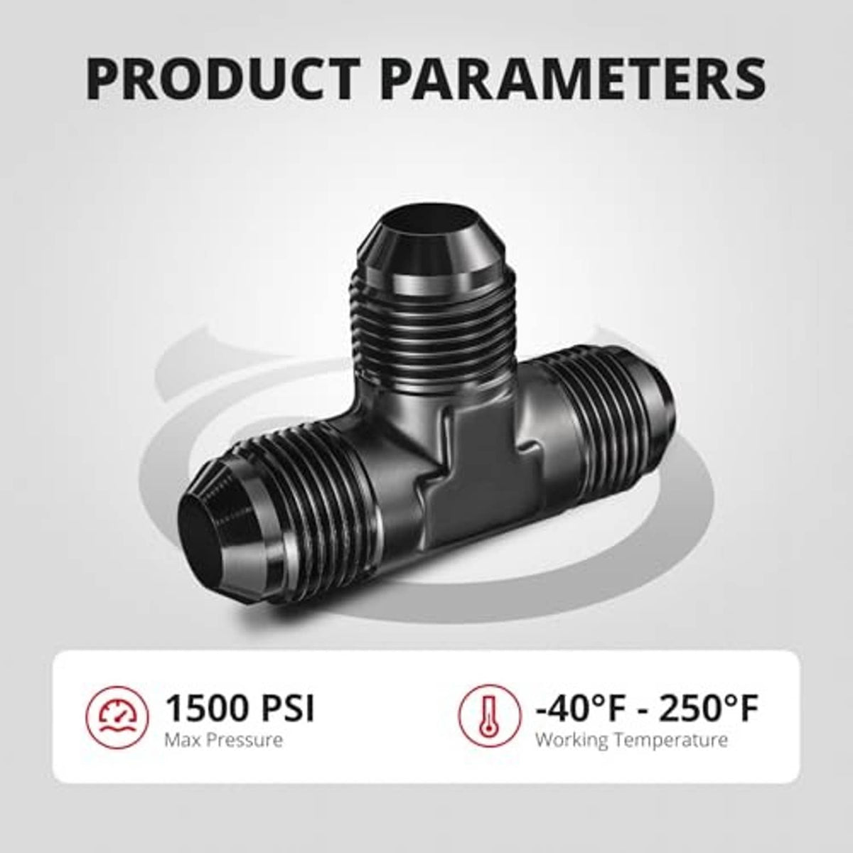 Black aluminum AN flare tee fitting with three threaded connections, matte finish