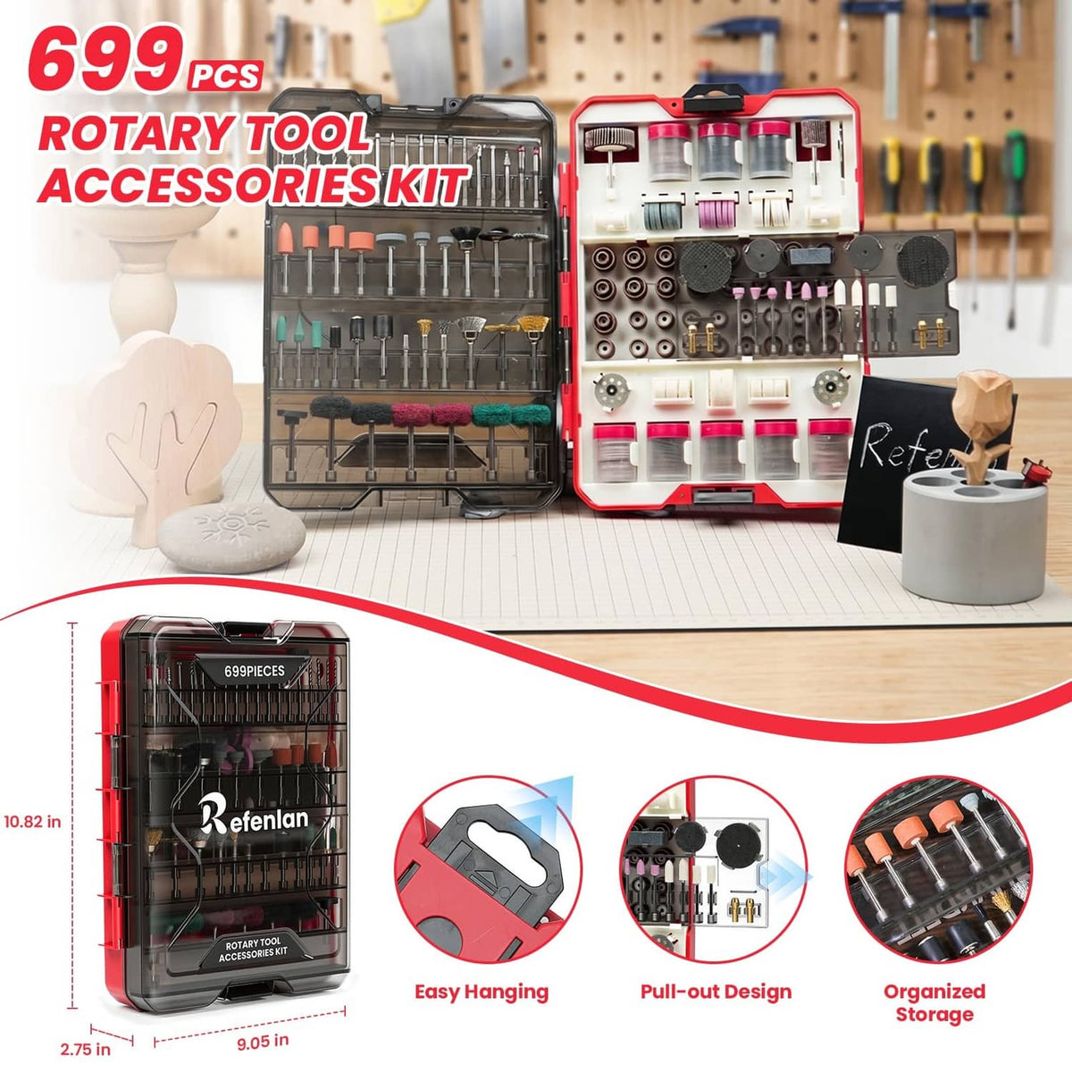 Rotary tool accessories kit open in red case, showing mounted bits and wheel attachments