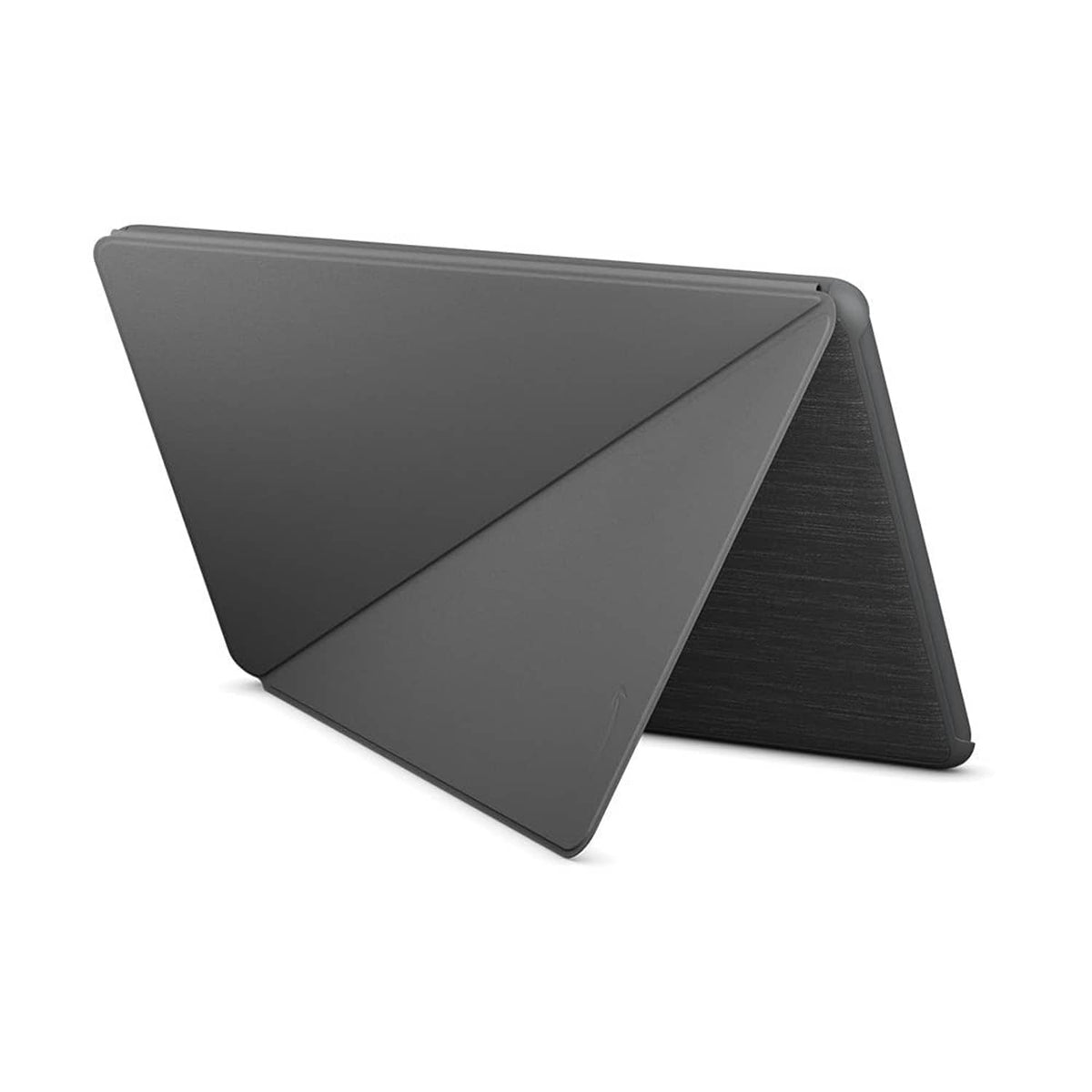 Dark gray folio tablet cover with stand fold and diagonal front panel seam.
