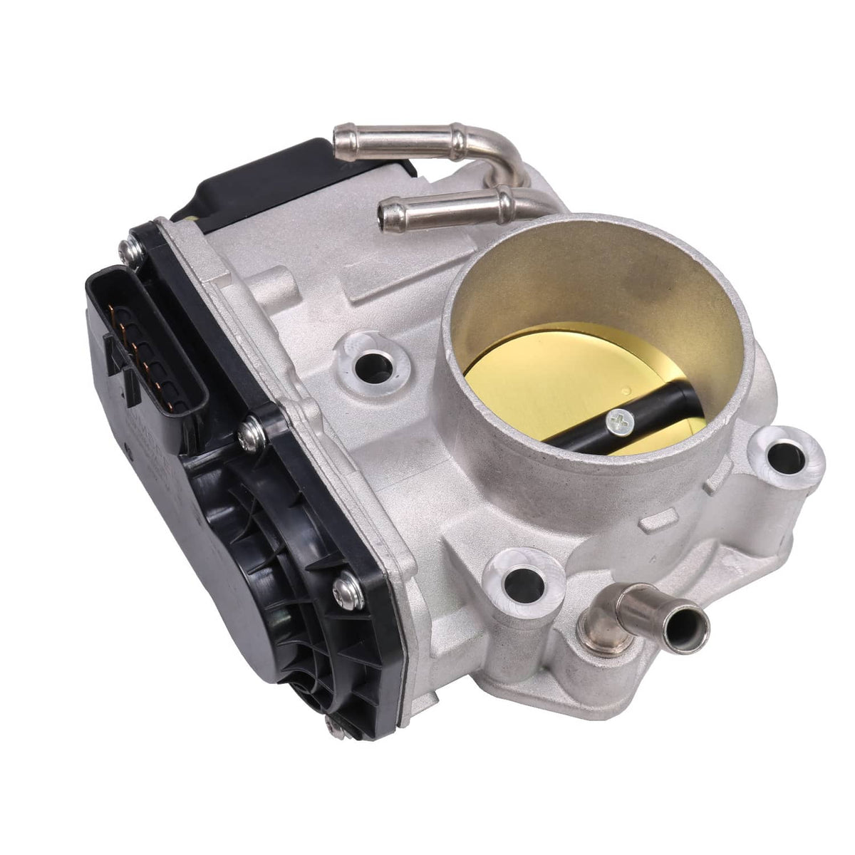 Electronic throttle body with silver body, gold bore, black connector, and two metal vacuum lines