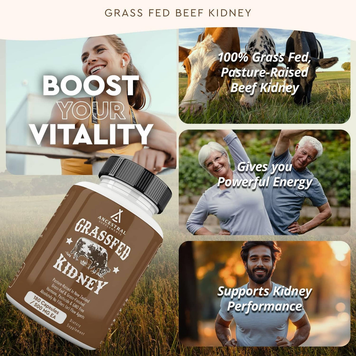 Grass-fed kidney supplement bottle with brown label and black cap, shown tilted