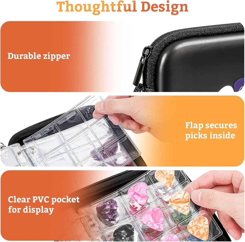 Black zipper guitar pick case with clear PVC pocket panel for storing and viewing picks