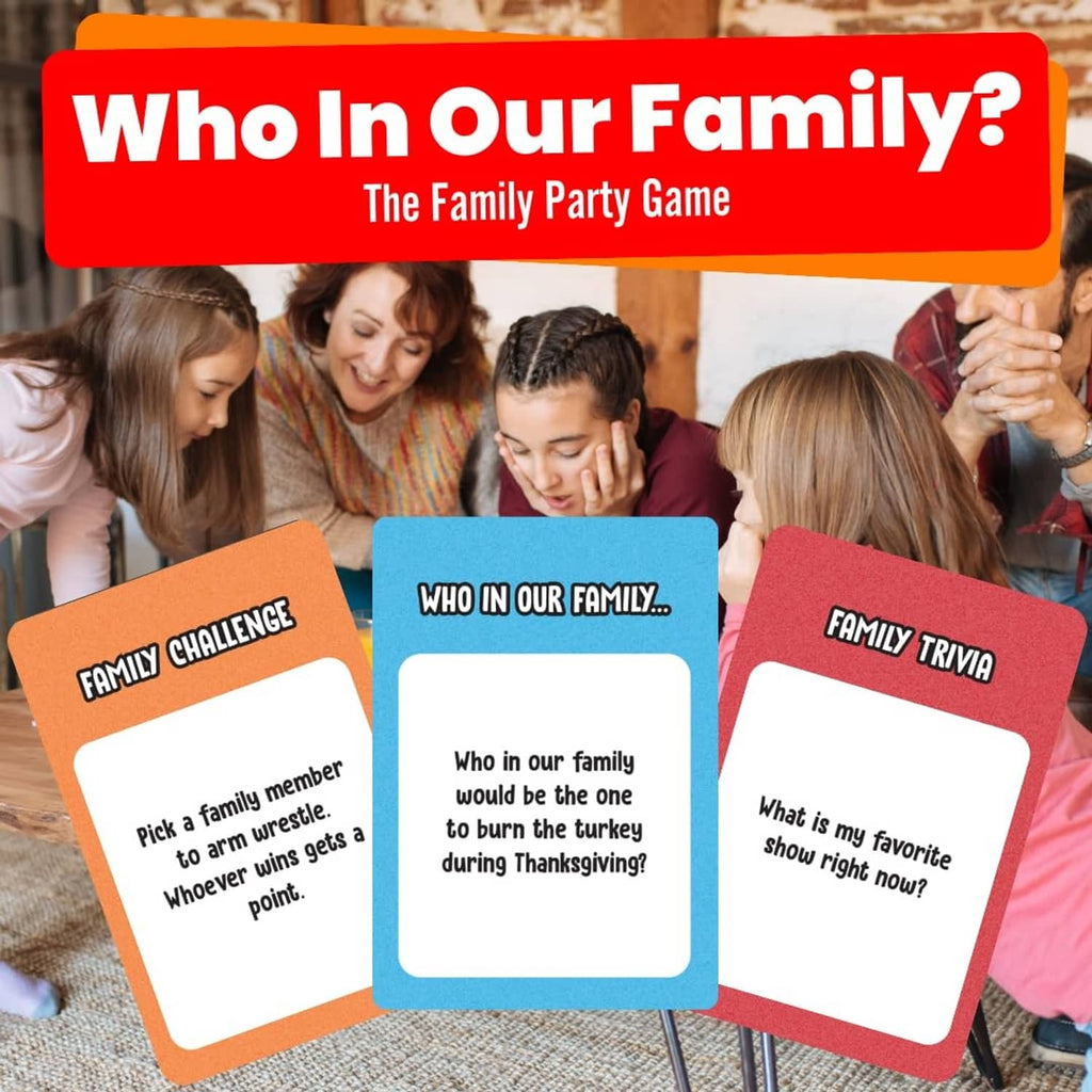 Who in Our Family? game cards and box on table, red banner and card prompts