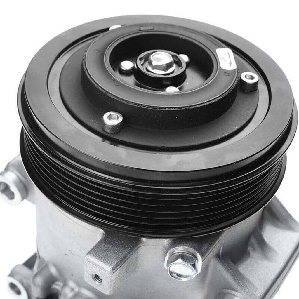 A/C air compressor pulley assembly with black belt groove, close-up