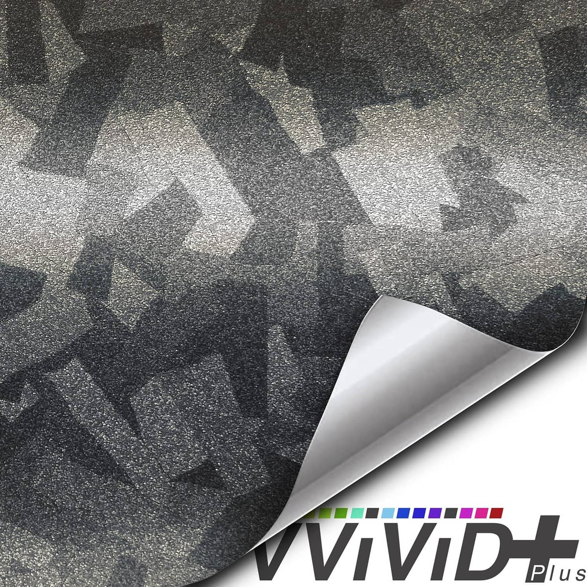 VViViD Plus gray metallic camo vinyl wrap sheet corner on backing paper
