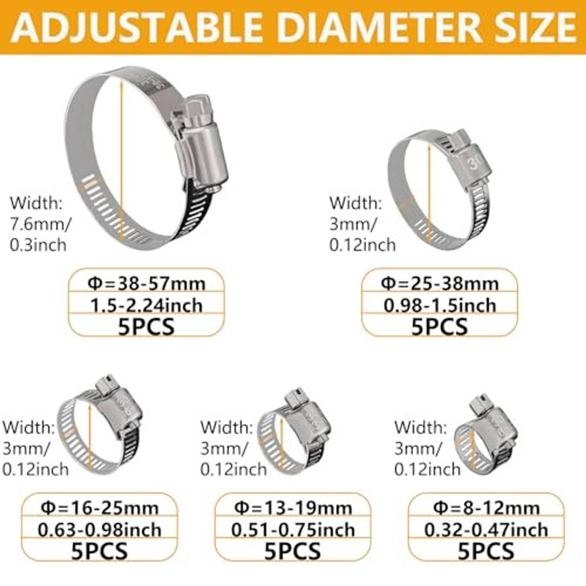 Adjustable stainless steel hose clamps showing diameter range 8–57 mm sizes