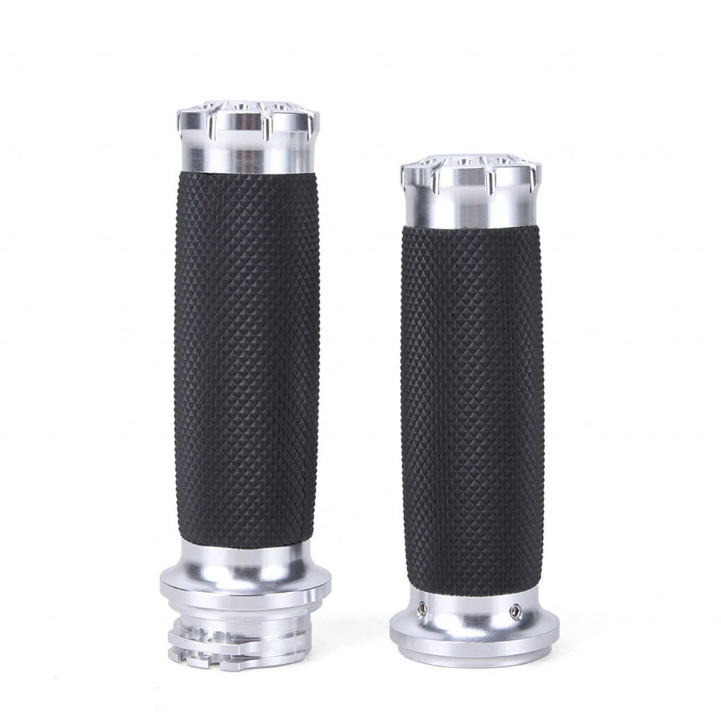 Motorcycle handlebar grips with black textured sleeves and chrome mounting rings