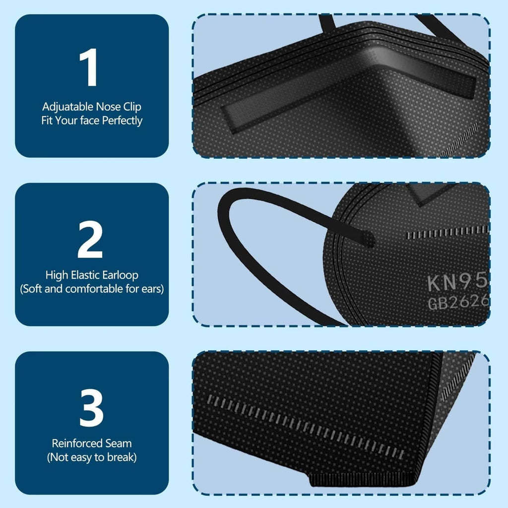 Black KN95 face mask showing adjustable nose clip and elastic ear loop