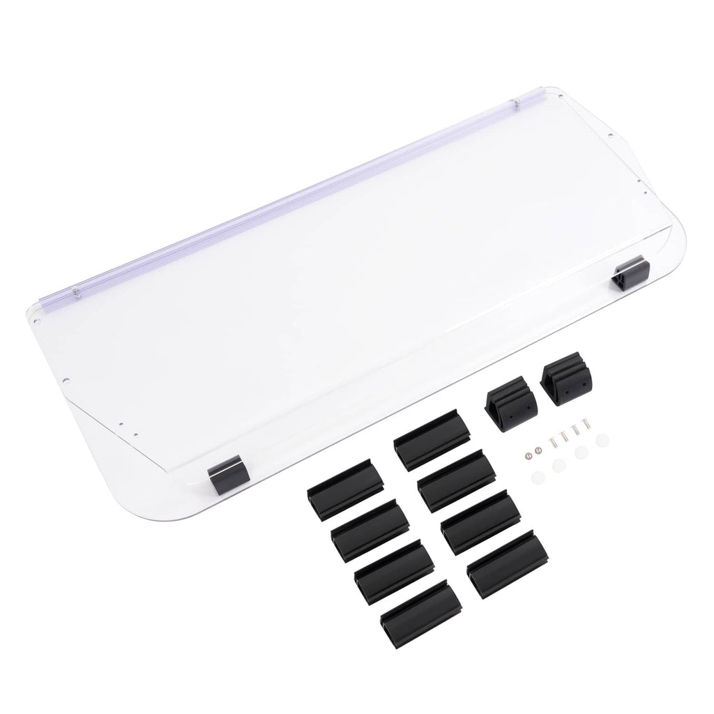 Clear vented golf cart windscreen windshield with mounting hardware and screws shown