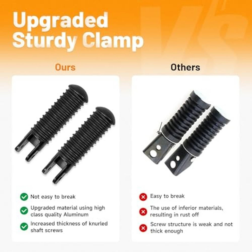 Upgraded sturdy U-clamp motorcycle foot pegs with ribbed black rubber grips