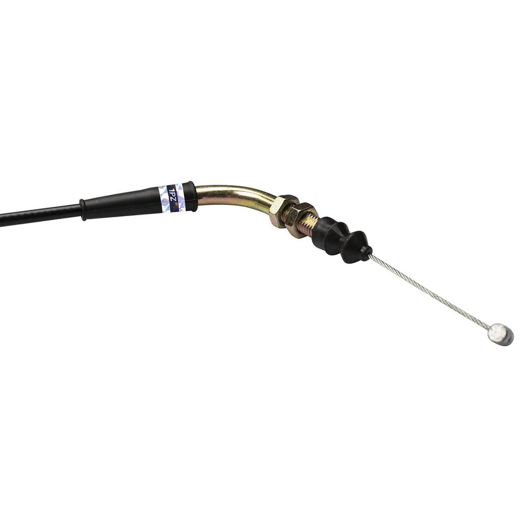 Throttle cable with black housing, brass adjuster end, and steel wire tip