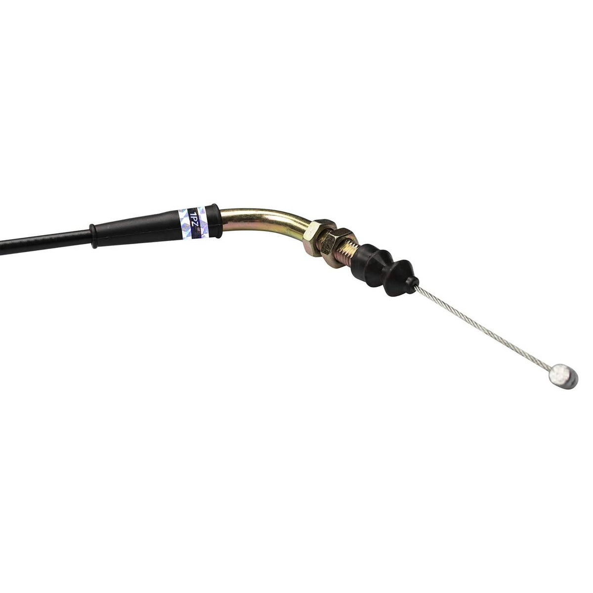 Throttle cable with black housing, brass adjuster end, and steel wire tip