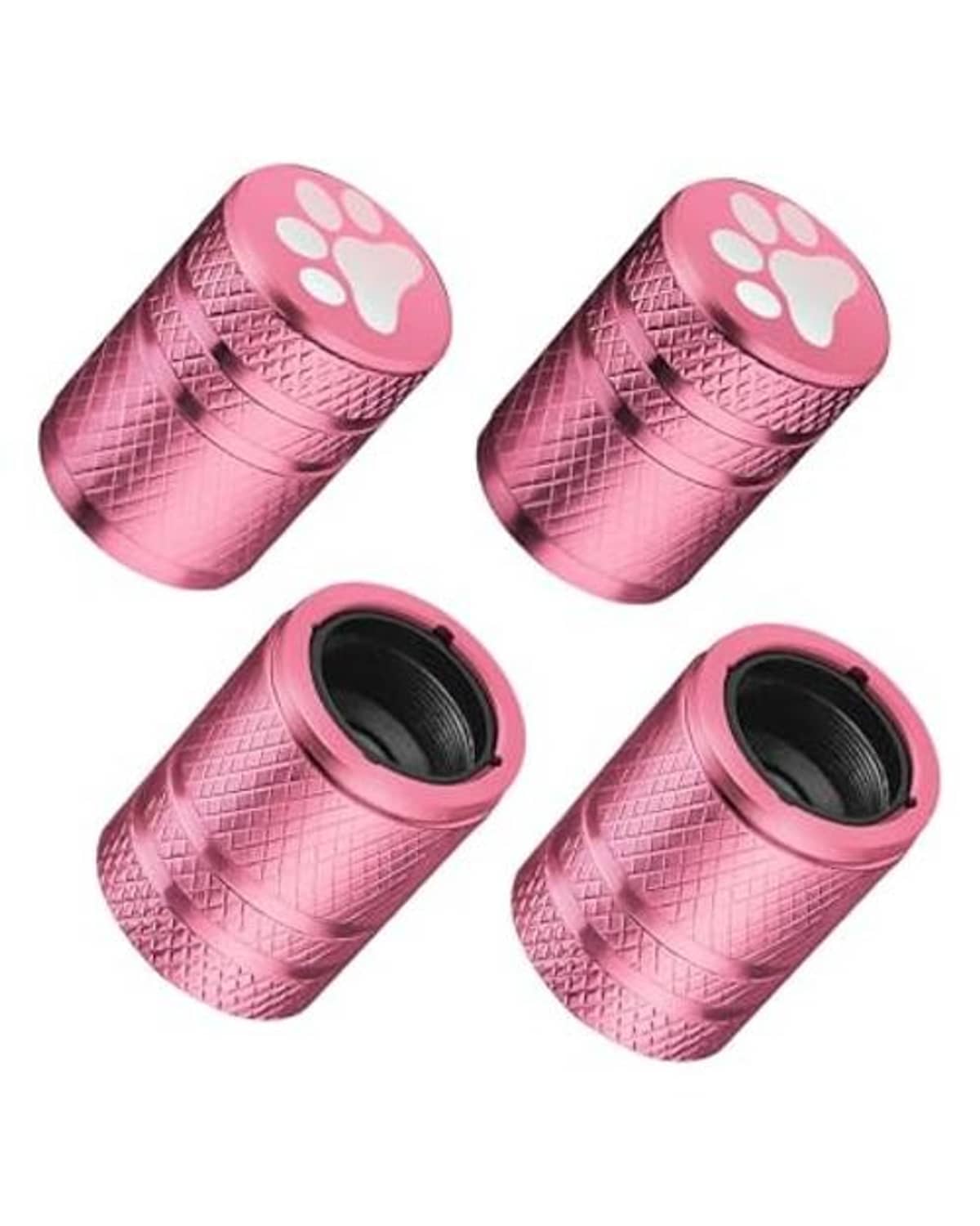 Pink aluminum tire valve stem caps with cat paw tops, four-piece set