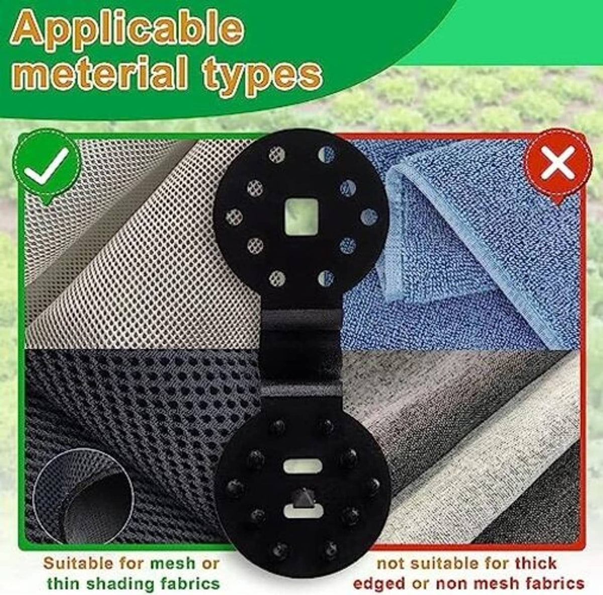 Shade cloth clips, black barbed bolt shown on mesh shade fabric close-up