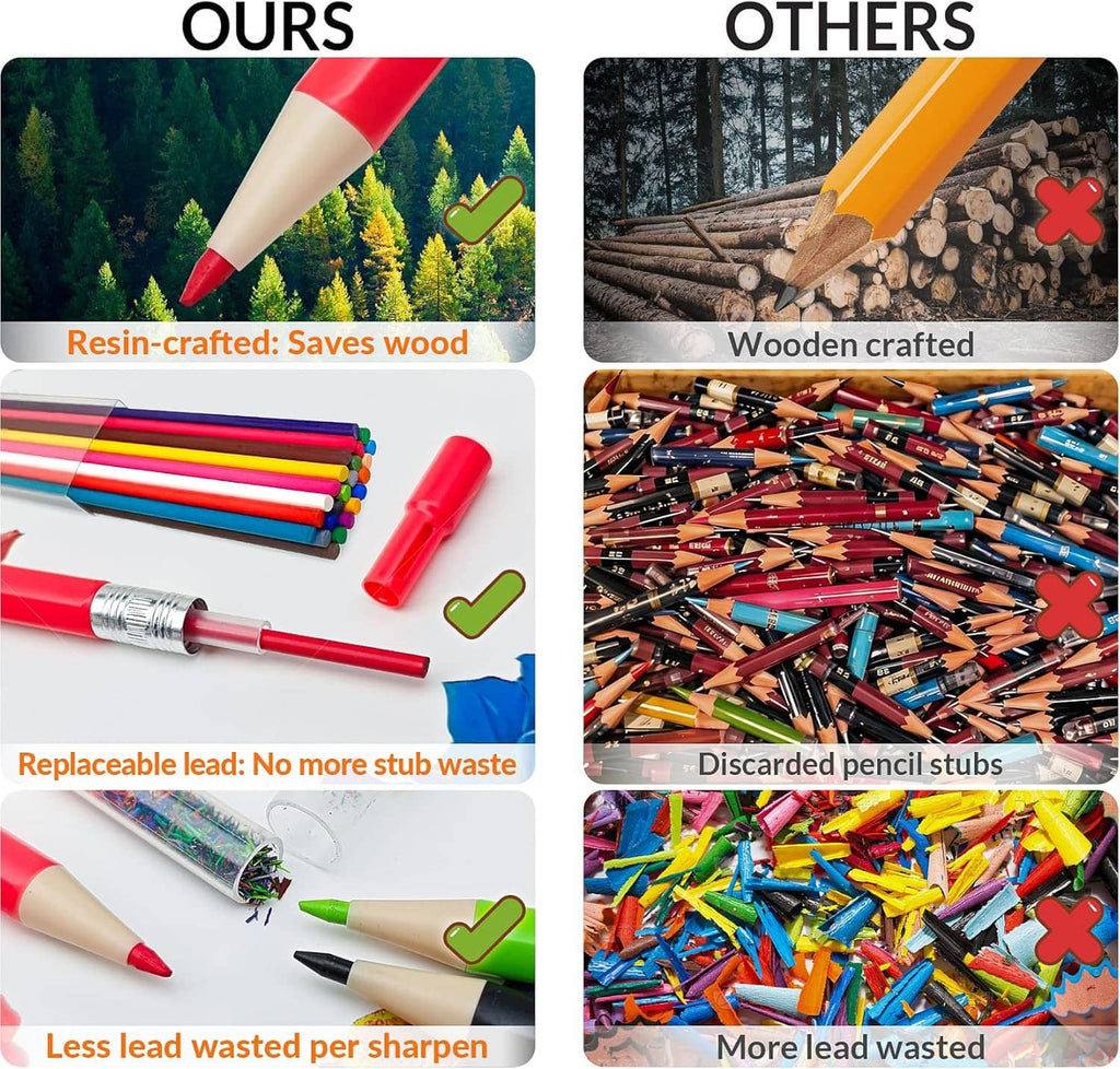 Replaceable-lead mechanical colored pencils shown with colored leads and caps, set display