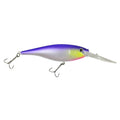 Purple and silver crankbait fishing lure with transparent diving lip and treble hooks