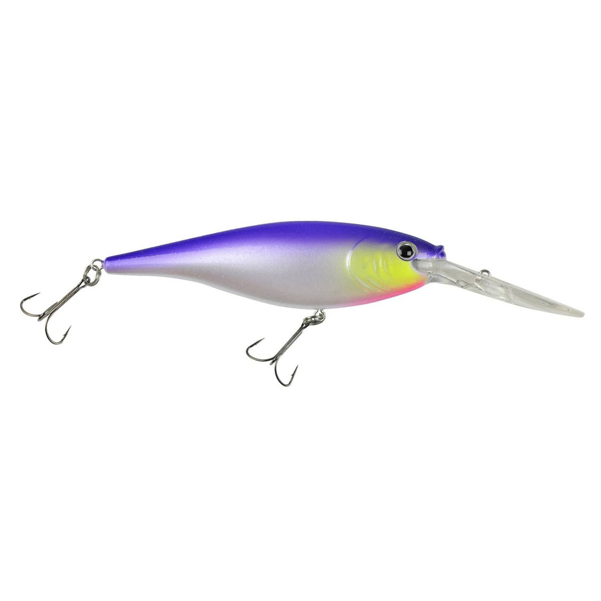 Purple and silver crankbait fishing lure with transparent diving lip and treble hooks