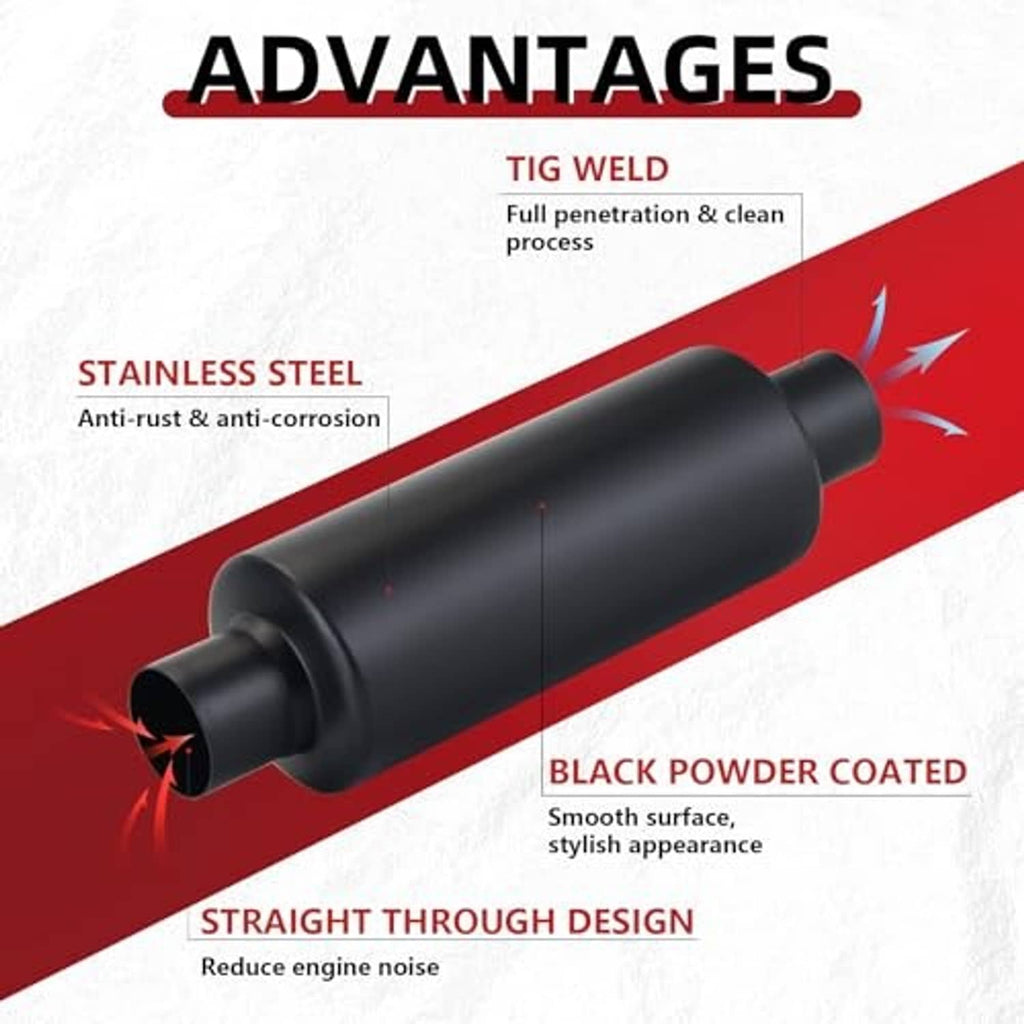 Black powder-coated resonator muffler with two 2" pipe ends on a straight body