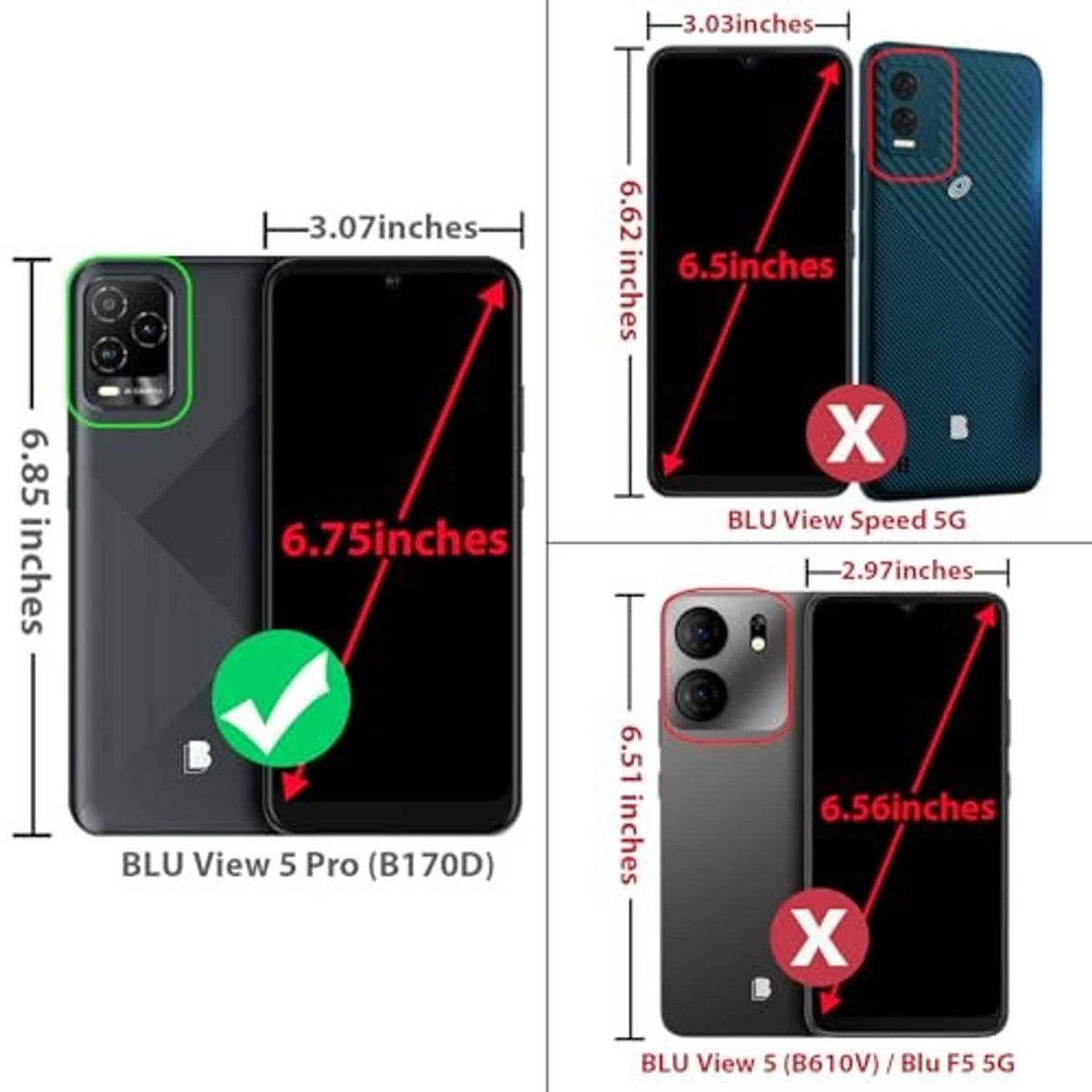 Blue rugged phone case with size measurement diagram for back and camera layout