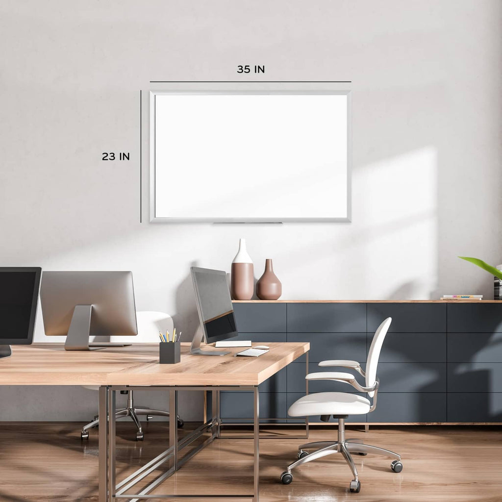 35 in by 23 in white magnetic dry erase board with silver frame